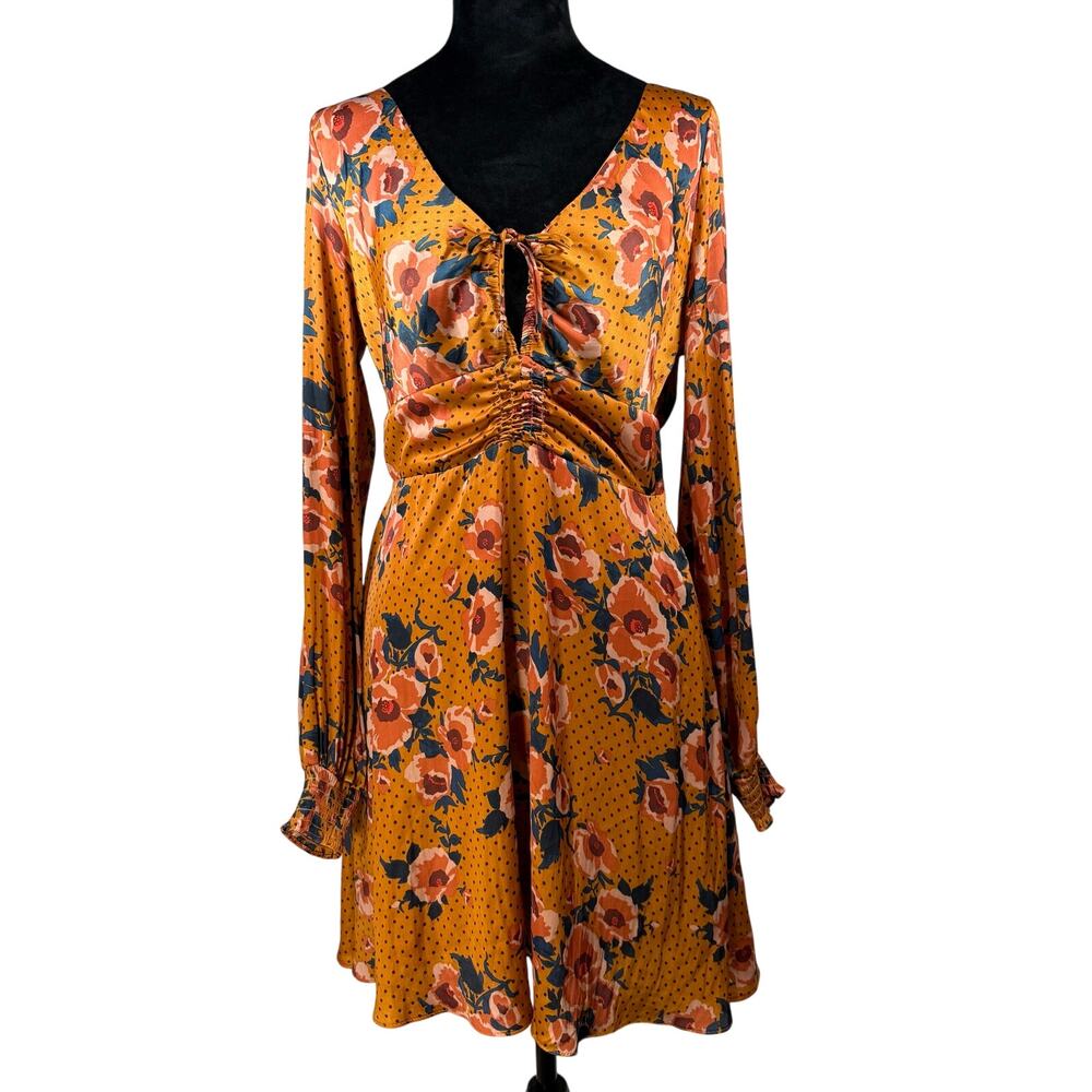 Free People Women's XS Mini Dress Morning Light Floral Mustard Yellow Boho
